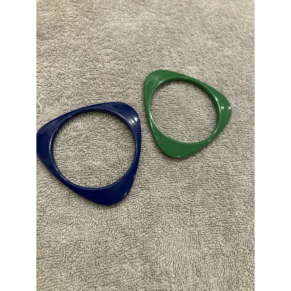 Vintage Mod Lucite Plastic Bangles Blue Green‎ Asymmetrical Sculptural Bracelets